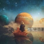 Little girl travelling through dream world, floating on a big fallen leaf; imagination/fantasy background; Elements of this image furnished by NASA